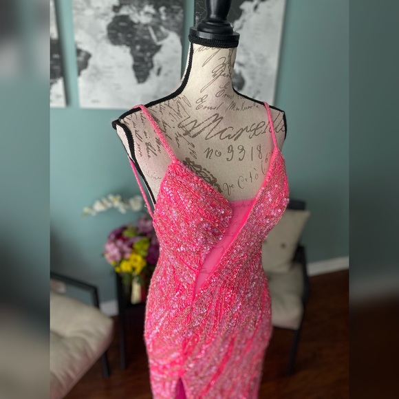 SOLD Jovani 04195 hot pink beaded pageant gown, prom dress, or statement formal - Picture 4 of 7